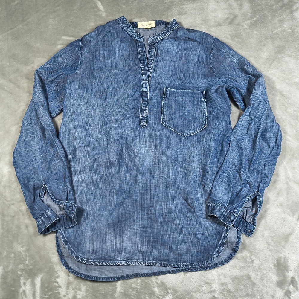 Cloth Stone Popover Shirt Women Small Chambray Tencel Long Sleeve Tunic Anthro